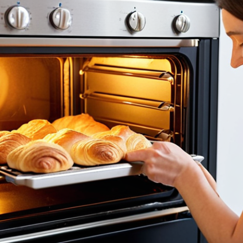 **Prompt 1:** A modern, busy individual, perhaps a young professional or parent, with a relaxed, happy expression, effortlessly taking a perfectly golden, flaky croissant out of a sleek, clean oven in a bright, minimalist kitchen. Subtle steam rises from the pastry, suggesting warmth and fresh aroma. The scene conveys the convenience and joy of home baking made easy, highlighting how frozen dough saves time and stress. Soft, warm lighting.