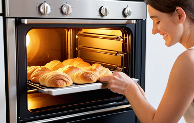 **Prompt 1:** A modern, busy individual, perhaps a young professional or parent, with a relaxed, happy expression, effortlessly taking a perfectly golden, flaky croissant out of a sleek, clean oven in a bright, minimalist kitchen. Subtle steam rises from the pastry, suggesting warmth and fresh aroma. The scene conveys the convenience and joy of home baking made easy, highlighting how frozen dough saves time and stress. Soft, warm lighting.