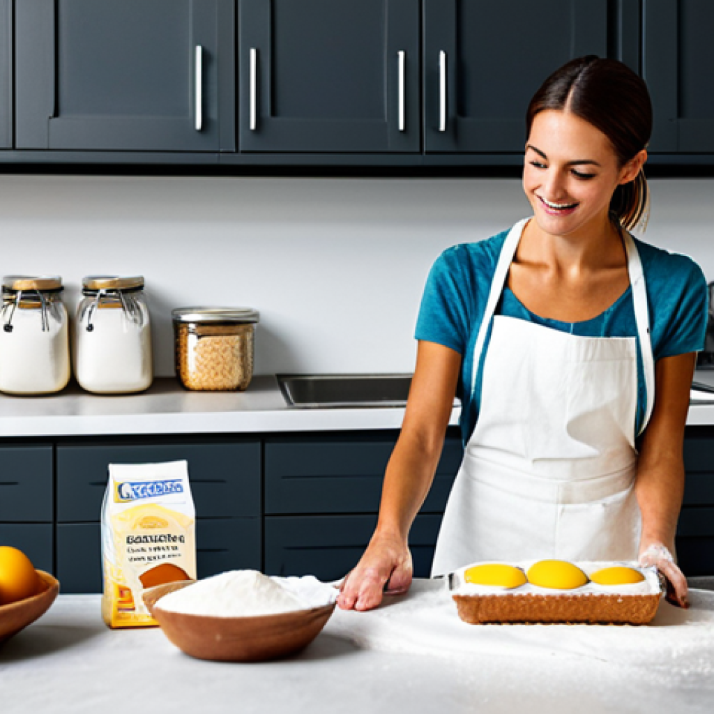 Baking Ingredients Selection**

"A well-lit kitchen scene with a woman selecting baking ingredients. She is fully clothed, wearing a modest apron over a casual outfit. On the counter are various flours (all-purpose, bread flour), organic eggs in a carton, honey in a jar, and fresh fruit. The background features clean, modern cabinets and shelves stocked with baking supplies. Focus on the quality of the ingredients and the woman's careful selection. Safe for work, appropriate content, professional, perfect anatomy, natural proportions, well-formed hands, proper finger count, high-resolution, family-friendly. "

**