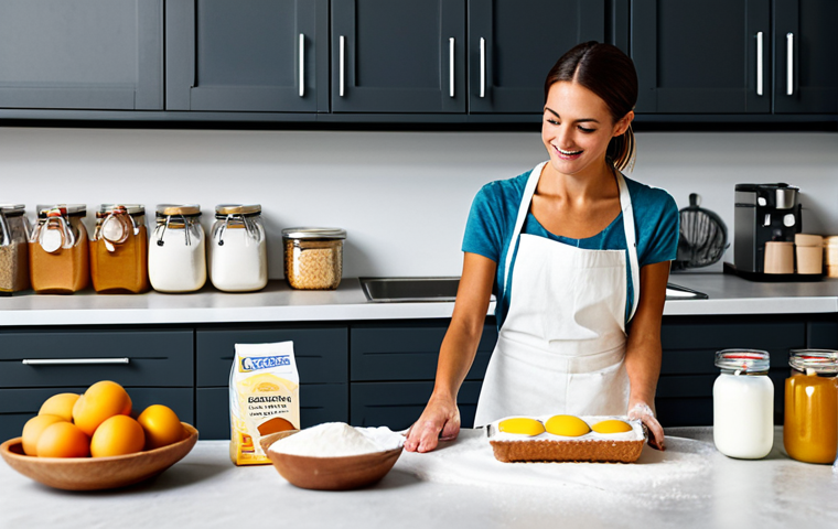 Baking Ingredients Selection**

"A well-lit kitchen scene with a woman selecting baking ingredients. She is fully clothed, wearing a modest apron over a casual outfit. On the counter are various flours (all-purpose, bread flour), organic eggs in a carton, honey in a jar, and fresh fruit. The background features clean, modern cabinets and shelves stocked with baking supplies. Focus on the quality of the ingredients and the woman's careful selection. Safe for work, appropriate content, professional, perfect anatomy, natural proportions, well-formed hands, proper finger count, high-resolution, family-friendly. "

**