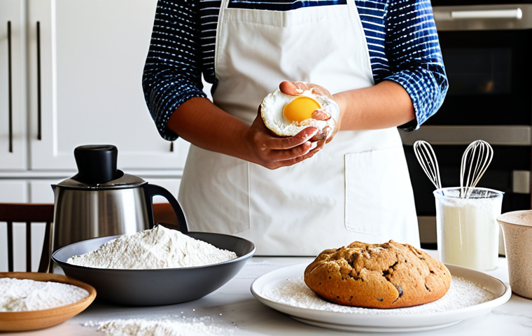 Beginner's Baking Setup**

A brightly lit, family-friendly kitchen scene. A person wearing an apron, fully clothed, is surrounded by baking tools (measuring cups, mixer, oven mitts) and ingredients (flour, sugar, eggs). Muffins, cookies, and a simple cake are displayed on a table. Focus on the joy of baking. Safe for work, appropriate content, professional photo, perfect anatomy, natural proportions, well-formed hands. Modest clothing.

**