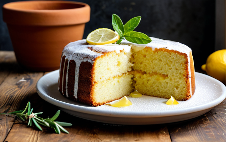 Olive Oil Lemon Cake**

A bright, airy photograph of a lemon cake baked with olive oil, displayed on a rustic wooden table. Cake slices reveal a moist texture. Background features Mediterranean-style kitchen elements (terracotta pots, herbs). "Professional food photography, perfect lighting, safe for work, appropriate content, fully clothed, modest presentation, natural colors, perfect anatomy, correct proportions."

**